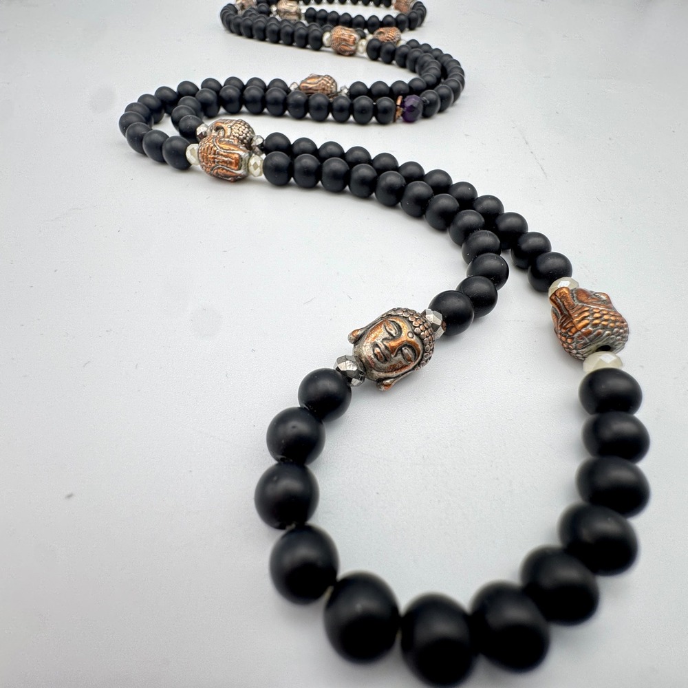 Brace Urself Buddha Mala Bead Necklace Matte Black Copper Head Long